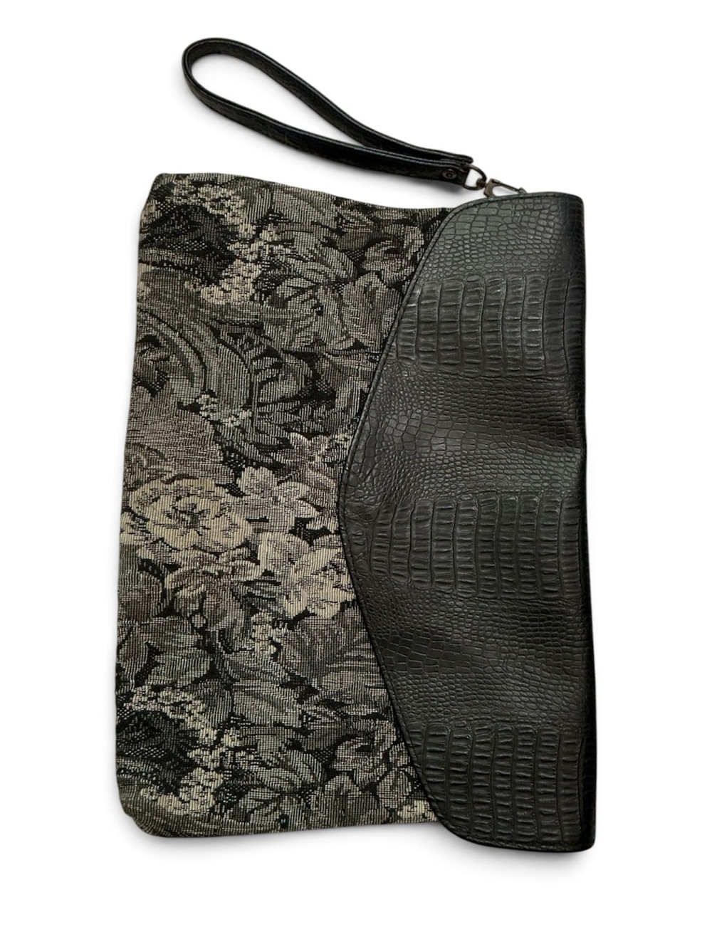 Black Floral Jacquard and Faux Croc Wristlet Clutch